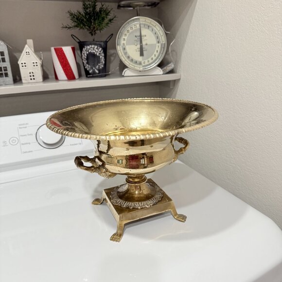 Vintage Ornate Brass Pedestal Bowl with Claw Feet and Faces - Picture 15 of 17